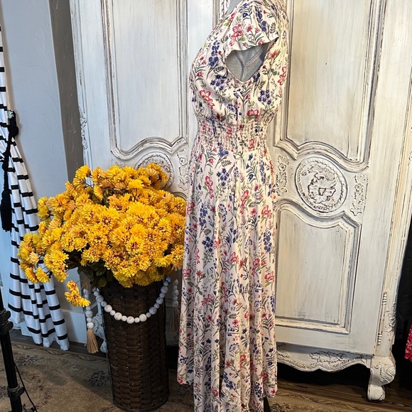 Angie Floral V-Neck Cap Sleeve Smocked Waist Maxi Dress Cottage Prairie Boho - Picture 5 of 9